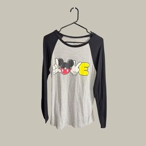 Disney Mickey Mouse Love Raglan Baseball Tee Gray Black Long Sleeve Shirt Large